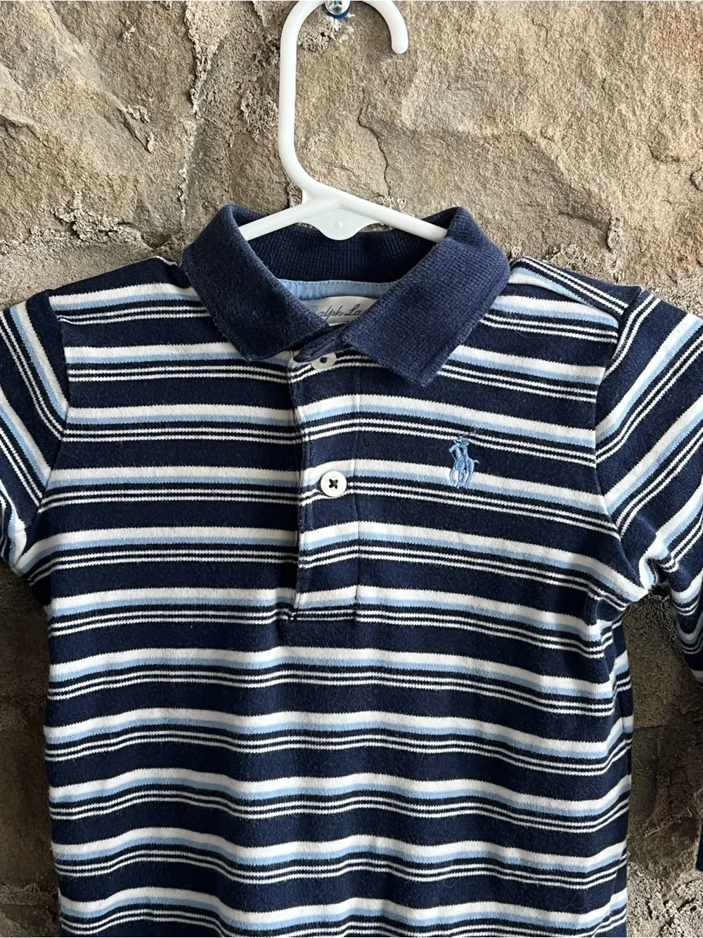 Size 6M Ralph Lauren Navy, White & Light Blue Striped Polo One-Piece